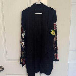 Elegant Black Cardigan with Crochet Sleeves